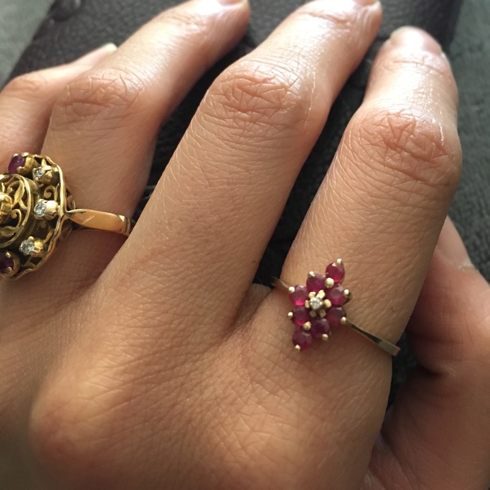SALE Delicate Ruby + Diamond Cluster Gold Ring 14k